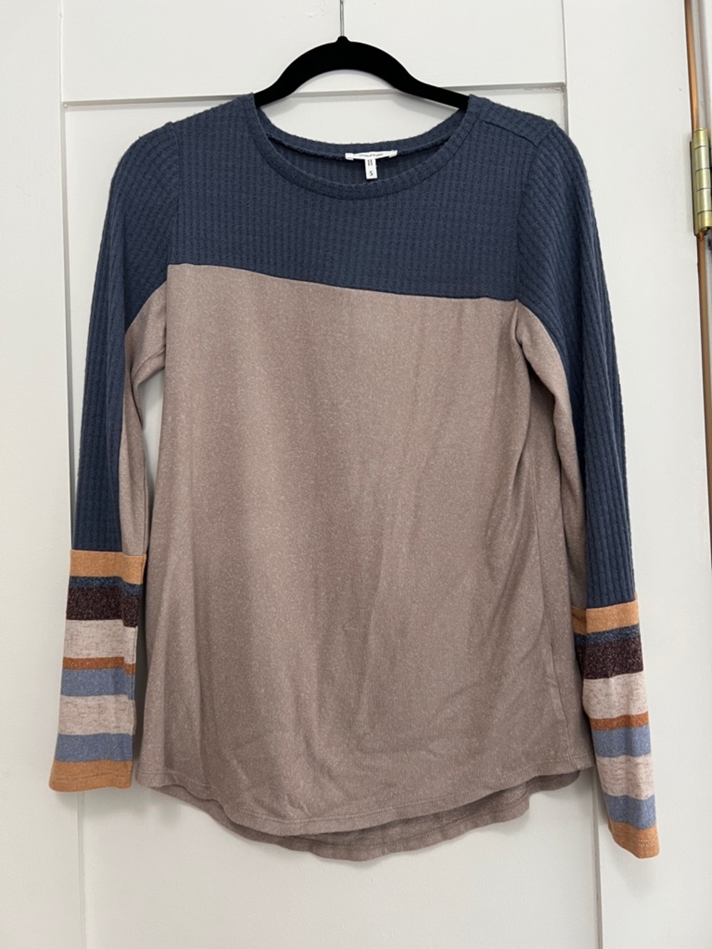 Maurices Two-Tone Long Sleeve Top in Taupe and Navy with Striped Cuffs